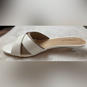 White Faux patent leather sandals